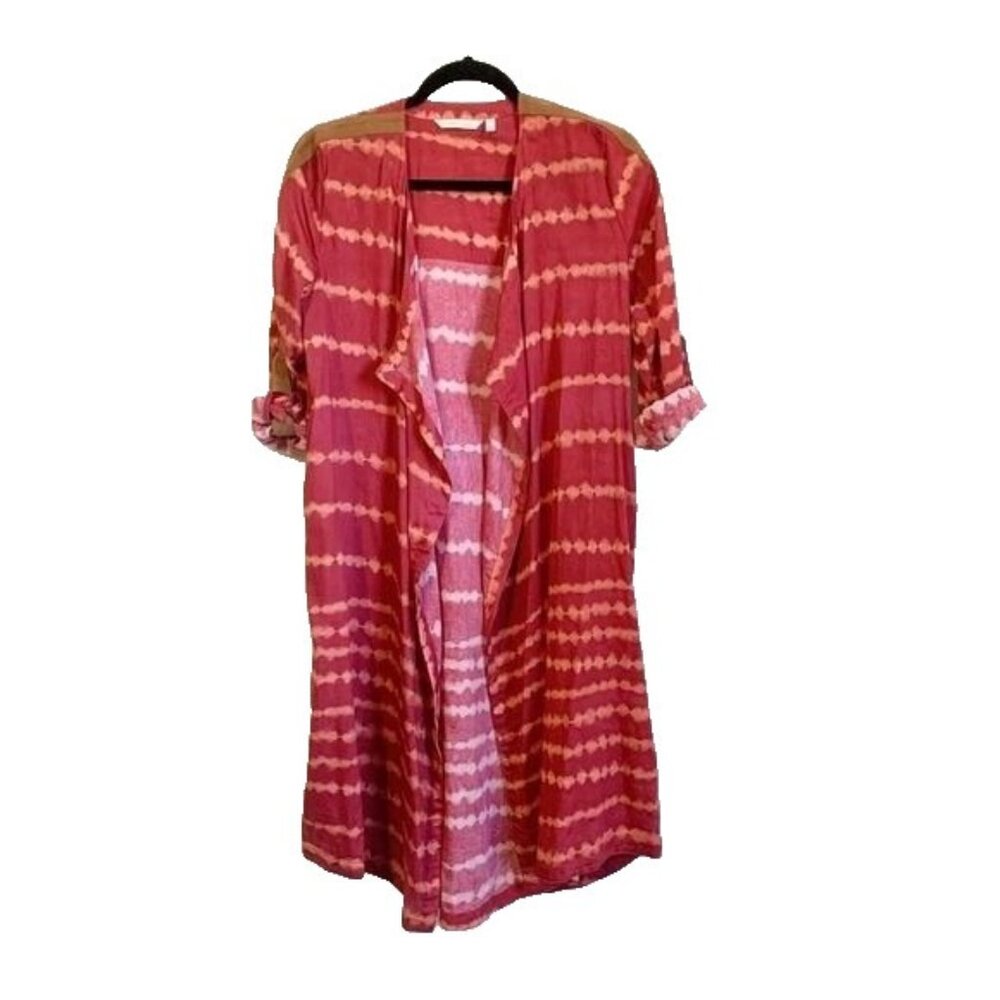Soft Surroundings Red Silk Blend Tie Dye Midi Open Duster Women’s XS Boho Beach
